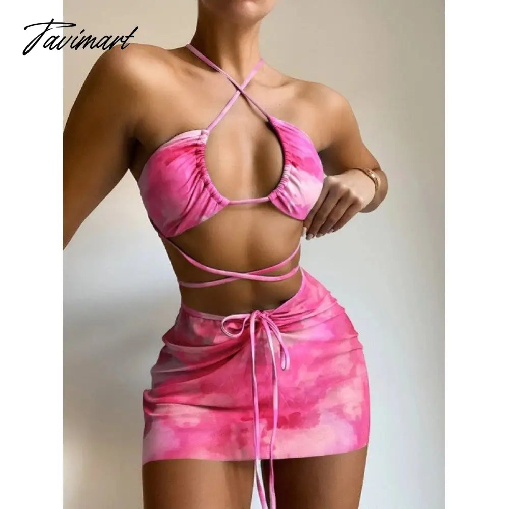 3 Piece Bikini Set Summer Bathing Suits Women Print Halter Swimwear Ladies Padded Split Swimsuits Beachwear with Cover Up