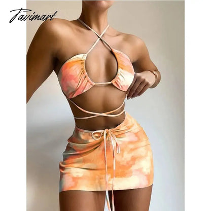 3 Piece Bikini Set Summer Bathing Suits Women Print Halter Swimwear Ladies Padded Split Swimsuits Beachwear with Cover Up