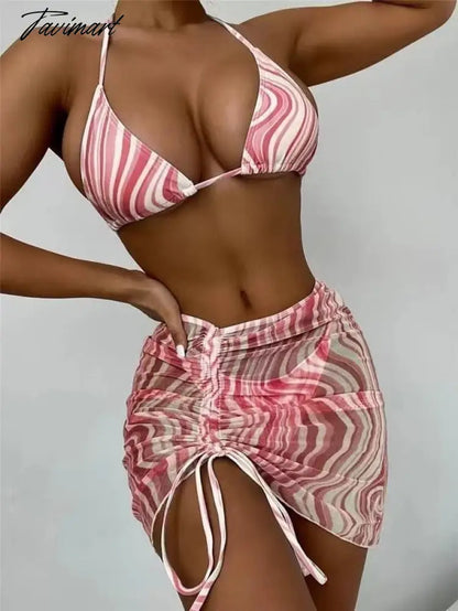 3 Pieces set Mesh Swimsuit Women Halter Micro Ribbed Bikini High Waist Swimwear Sexy Solid Beachwear Bathing Suit Biquini