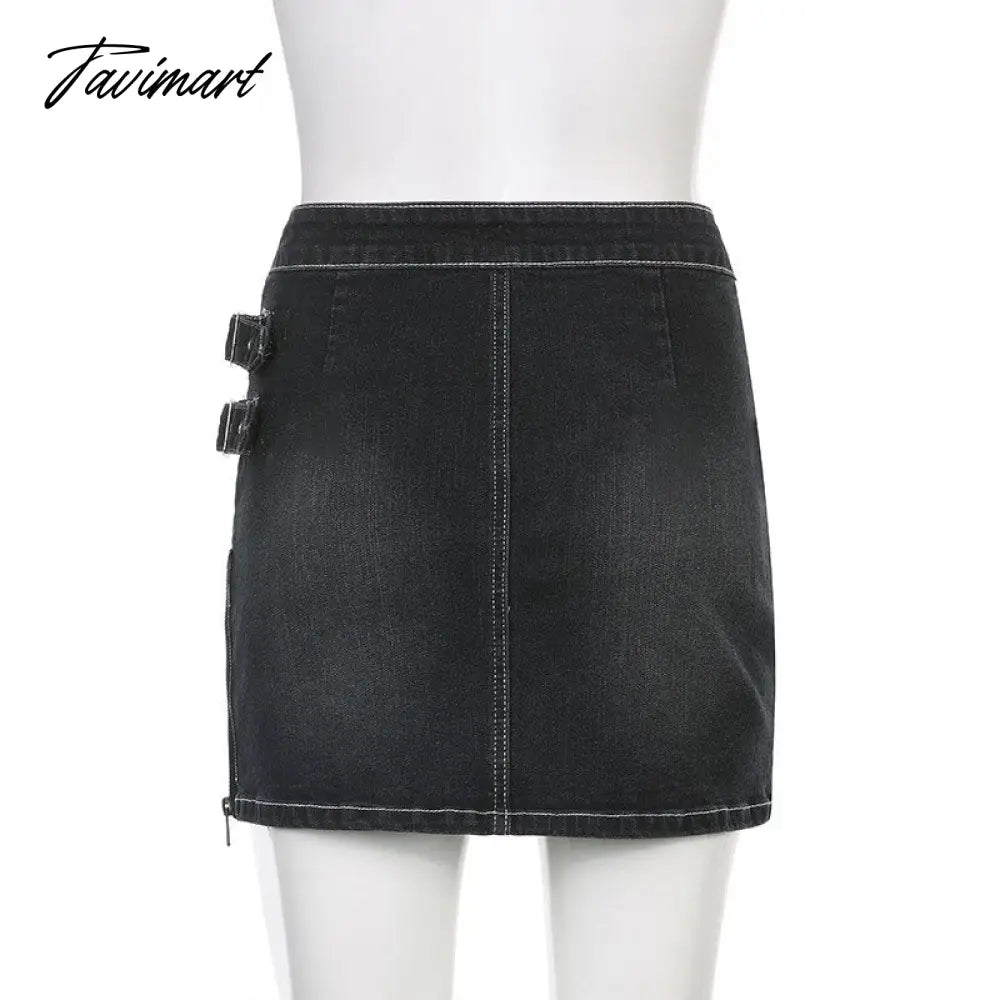 90s Y2K Denim Skirt With Buckle Side Zip Fitted Low Waist Micro Mini Skirt Women EMO Girl Grunge Aesthetic Outfit