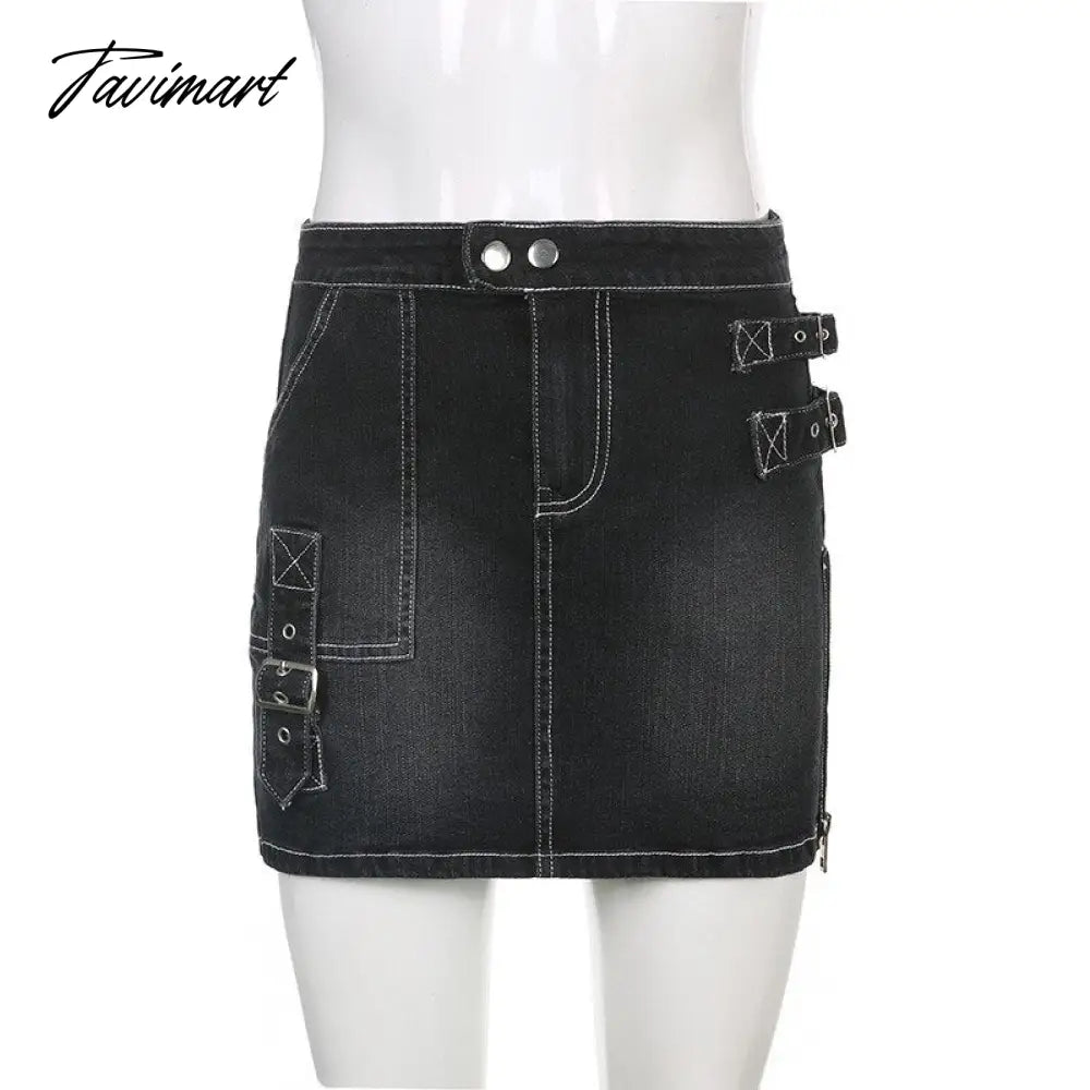 90s Y2K Denim Skirt With Buckle Side Zip Fitted Low Waist Micro Mini Skirt Women EMO Girl Grunge Aesthetic Outfit