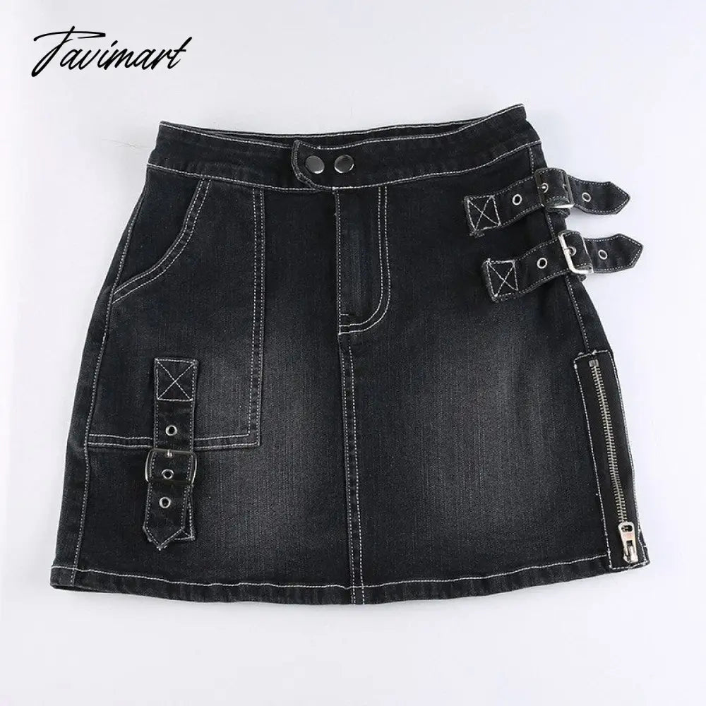 90s Y2K Denim Skirt With Buckle Side Zip Fitted Low Waist Micro Mini Skirt Women EMO Girl Grunge Aesthetic Outfit