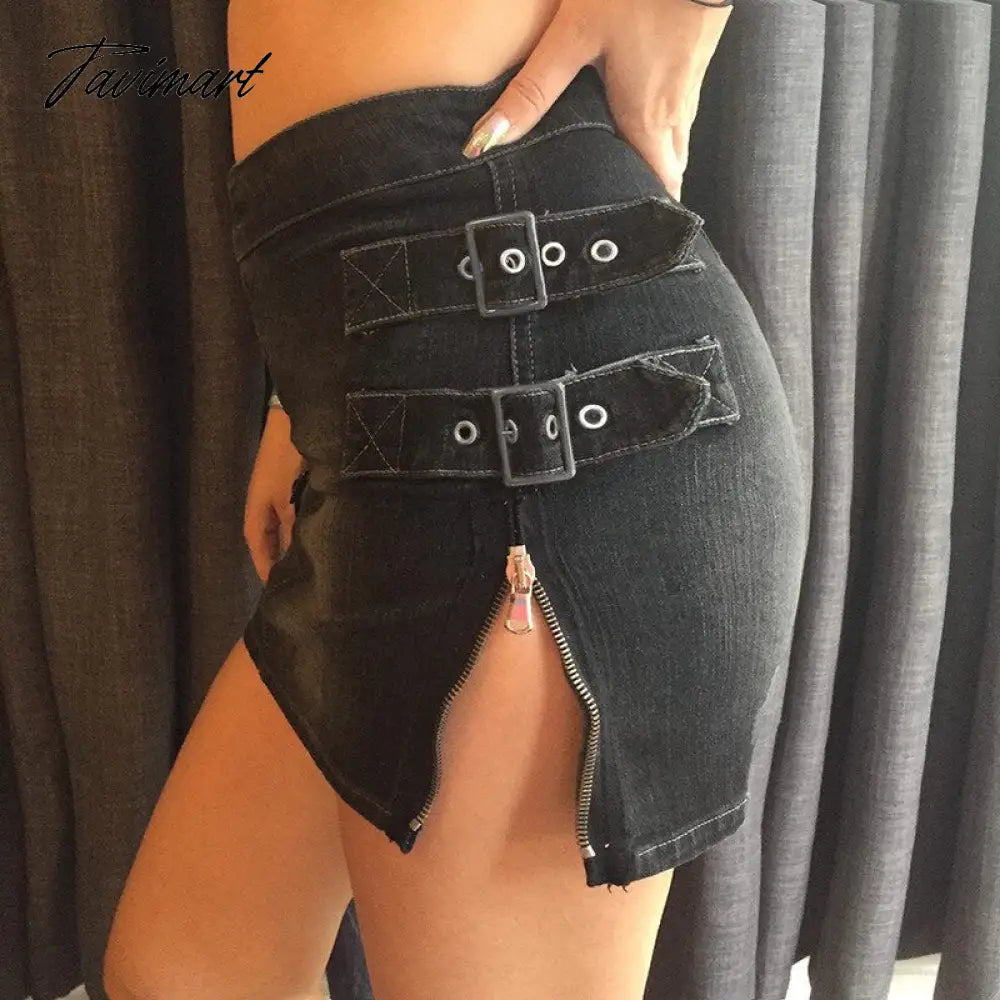 90s Y2K Denim Skirt With Buckle Side Zip Fitted Low Waist Micro Mini Skirt Women EMO Girl Grunge Aesthetic Outfit