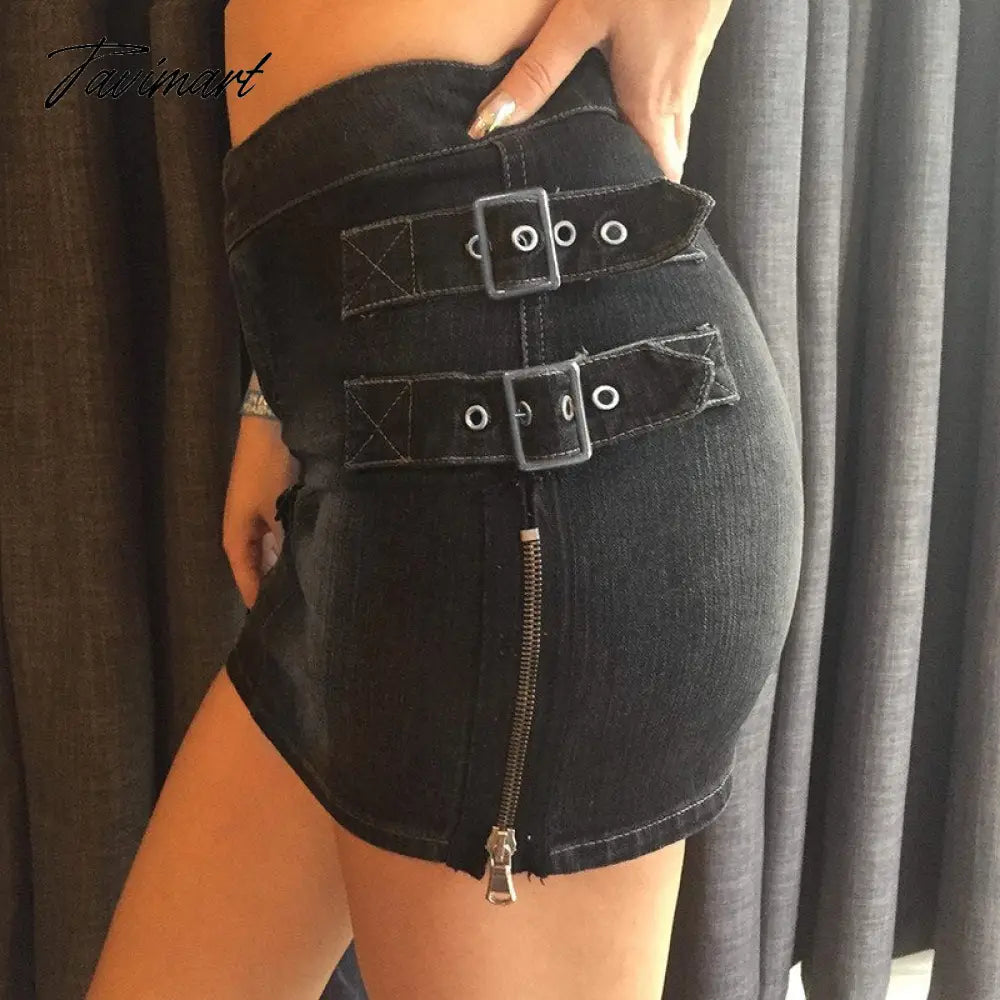 90s Y2K Denim Skirt With Buckle Side Zip Fitted Low Waist Micro Mini Skirt Women EMO Girl Grunge Aesthetic Outfit