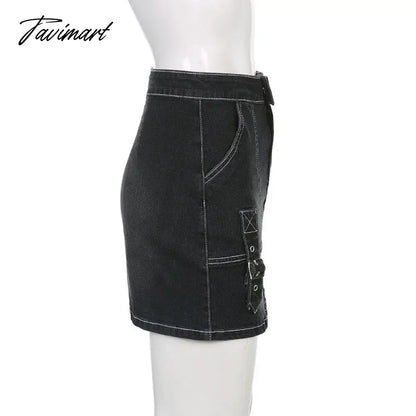 90s Y2K Denim Skirt With Buckle Side Zip Fitted Low Waist Micro Mini Skirt Women EMO Girl Grunge Aesthetic Outfit