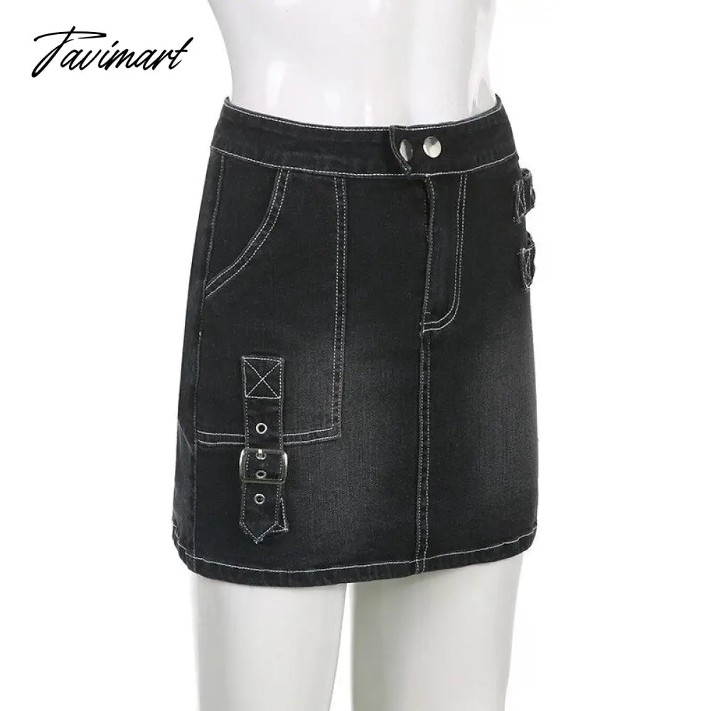 90s Y2K Denim Skirt With Buckle Side Zip Fitted Low Waist Micro Mini Skirt Women EMO Girl Grunge Aesthetic Outfit