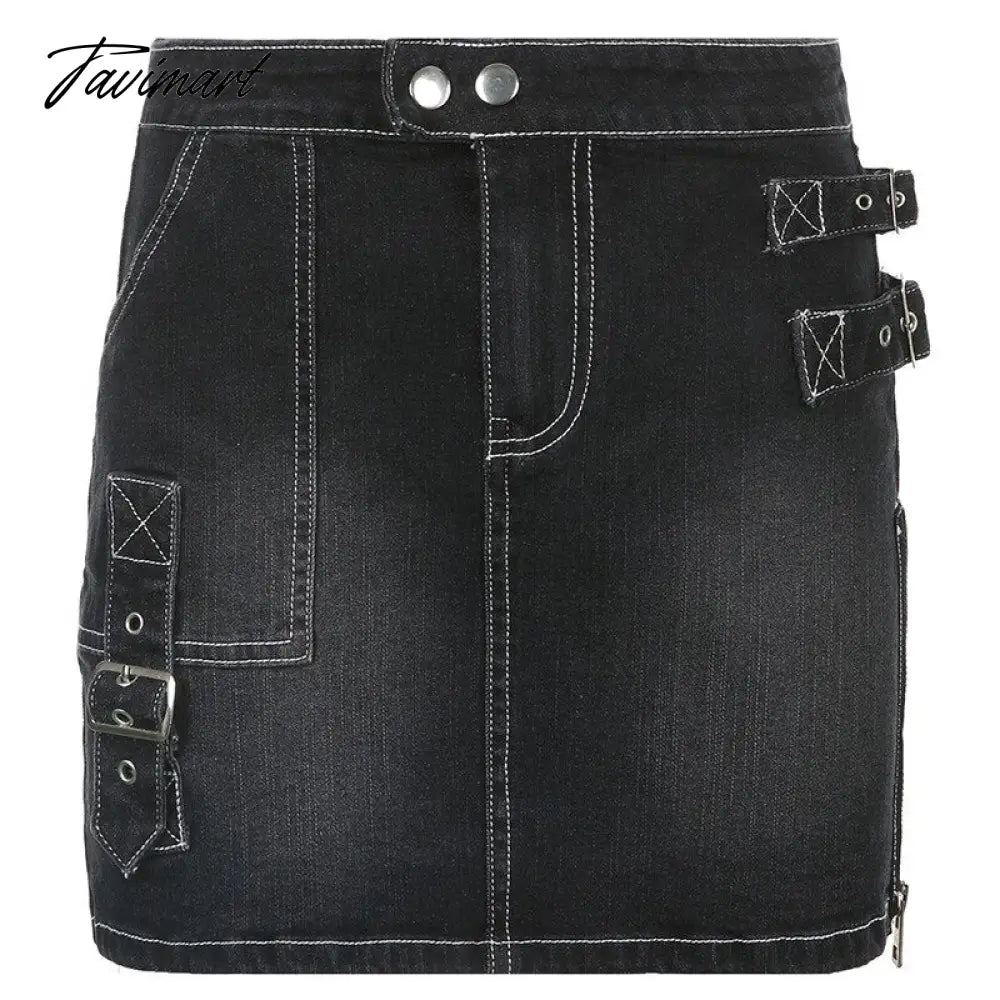90s Y2K Denim Skirt With Buckle Side Zip Fitted Low Waist Micro Mini Skirt Women EMO Girl Grunge Aesthetic Outfit
