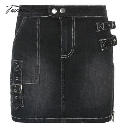 90s Y2K Denim Skirt With Buckle Side Zip Fitted Low Waist Micro Mini Skirt Women EMO Girl Grunge Aesthetic Outfit