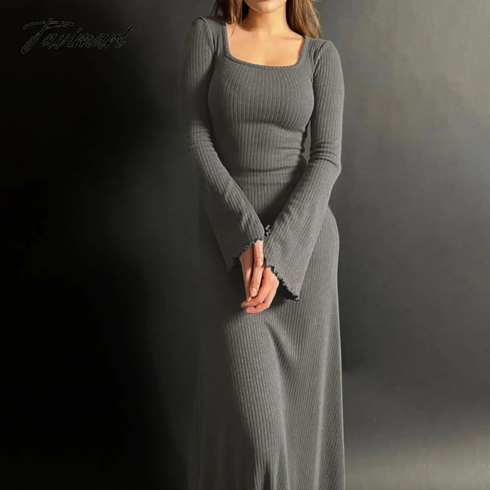 A-line Swing Square Collar Fashion Elegant Fall Women Dress Rib Simple Solid Long Sleeve Slim Thread Basics Vestido Vintage