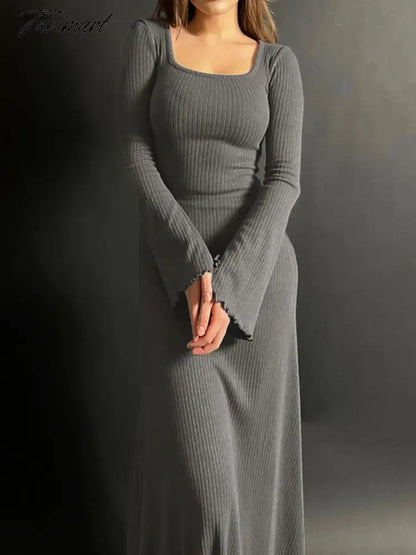 A-line Swing Square Collar Fashion Elegant Fall Women Dress Rib Simple Solid Long Sleeve Slim Thread Basics Vestido Vintage