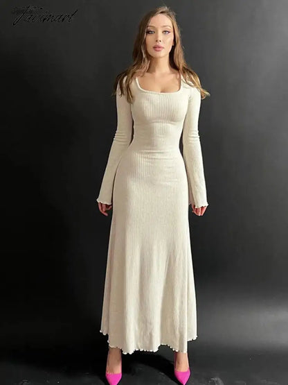 A-line Swing Square Collar Fashion Elegant Fall Women Dress Rib Simple Solid Long Sleeve Slim Thread Basics Vestido Vintage