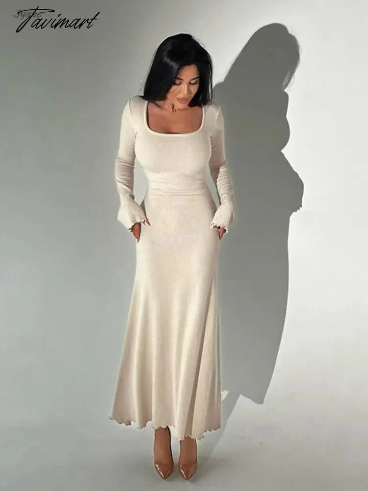 A-line Swing Square Collar Fashion Elegant Fall Women Dress Rib Simple Solid Long Sleeve Slim Thread Basics Vestido Vintage