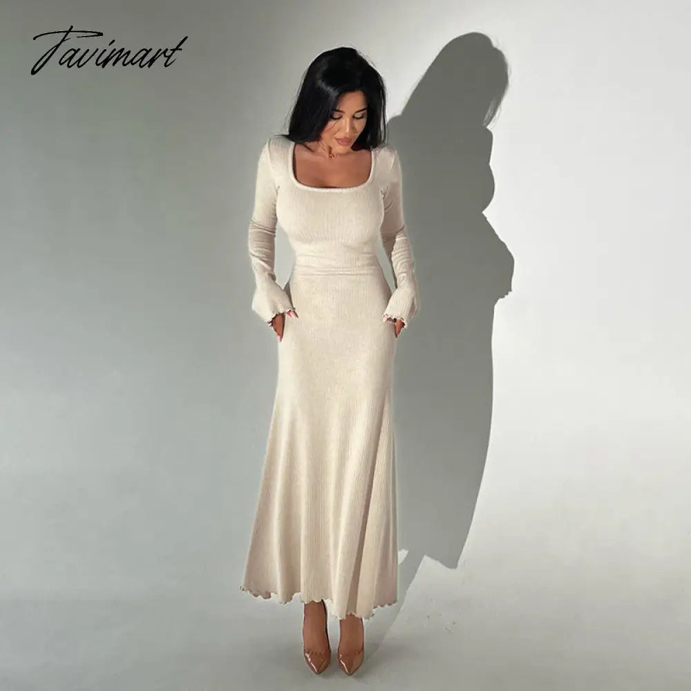 A-line Swing Square Collar Fashion Elegant Fall Women Dress Rib Simple Solid Long Sleeve Slim Thread Basics Vestido Vintage