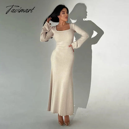 A-line Swing Square Collar Fashion Elegant Fall Women Dress Rib Simple Solid Long Sleeve Slim Thread Basics Vestido Vintage