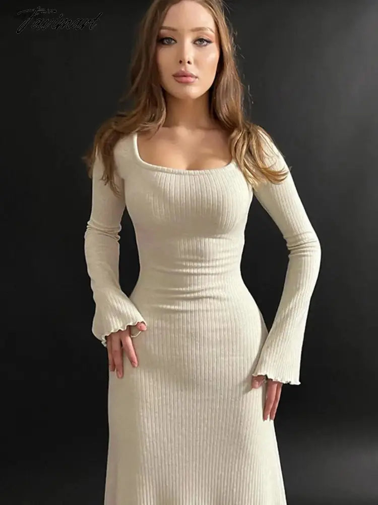 A-line Swing Square Collar Fashion Elegant Fall Women Dress Rib Simple Solid Long Sleeve Slim Thread Basics Vestido Vintage