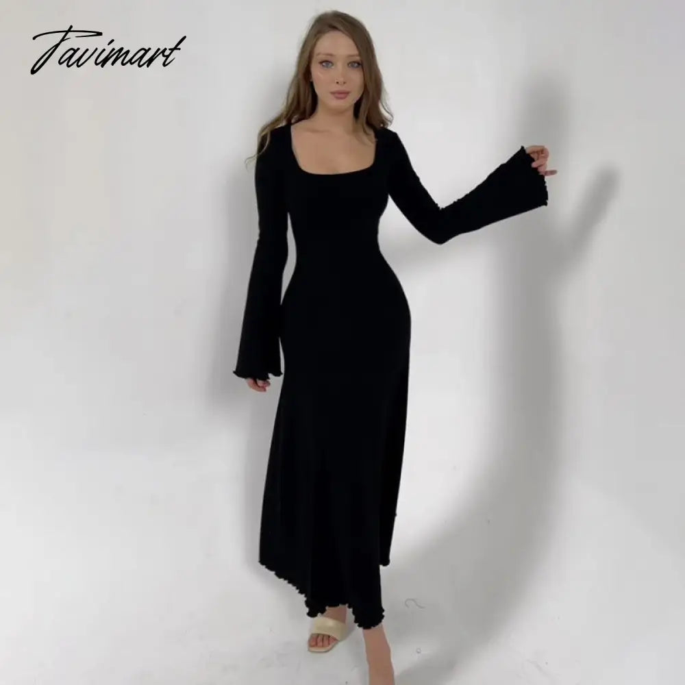 A-line Swing Square Collar Fashion Elegant Fall Women Dress Rib Simple Solid Long Sleeve Slim Thread Basics Vestido Vintage