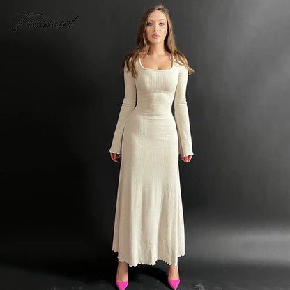 A-line Swing Square Collar Fashion Elegant Fall Women Dress Rib Simple Solid Long Sleeve Slim Thread Basics Vestido Vintage