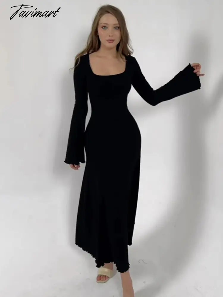 A-line Swing Square Collar Fashion Elegant Fall Women Dress Rib Simple Solid Long Sleeve Slim Thread Basics Vestido Vintage