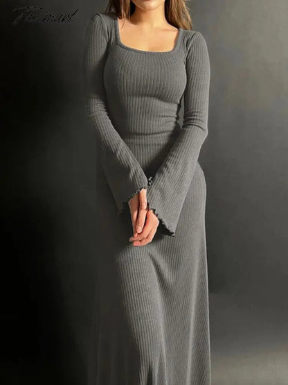 A-line Swing Square Collar Fashion Elegant Fall Women Dress Rib Simple Solid Long Sleeve Slim Thread Basics Vestido Vintage