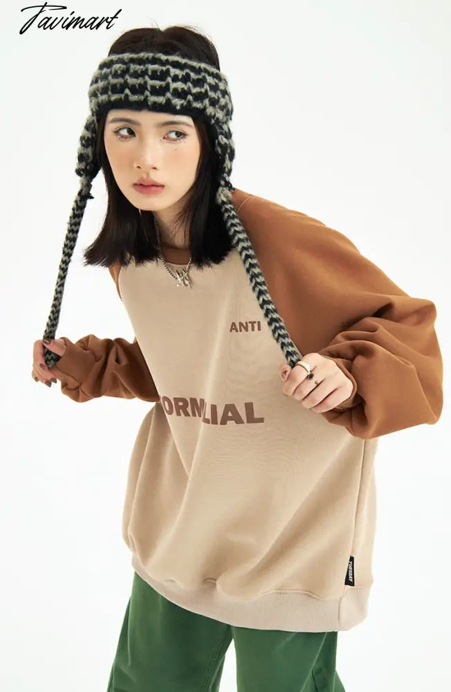 American Baggy Sweatshirt Women Spring Autumn Fashion Letter Printing Design Sense Splicing Vintage Long Sleeves Pullover TOP