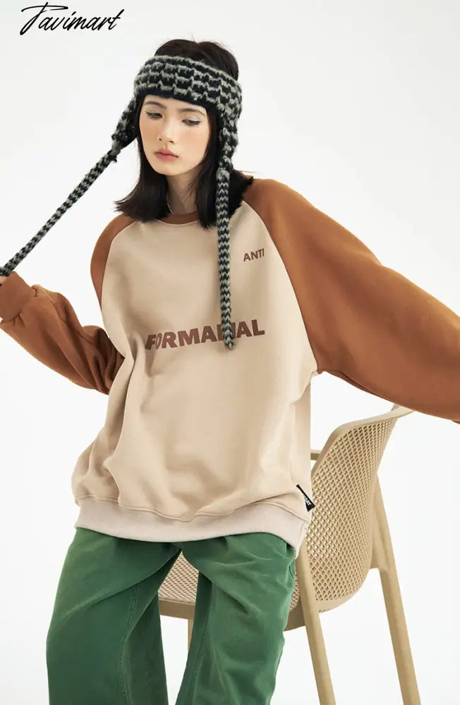 American Baggy Sweatshirt Women Spring Autumn Fashion Letter Printing Design Sense Splicing Vintage Long Sleeves Pullover TOP