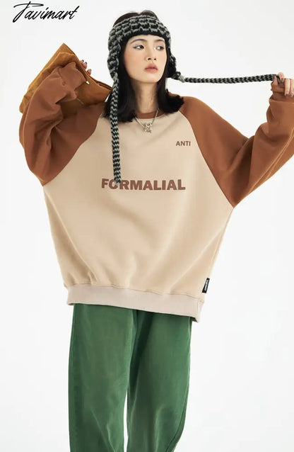 American Baggy Sweatshirt Women Spring Autumn Fashion Letter Printing Design Sense Splicing Vintage Long Sleeves Pullover TOP