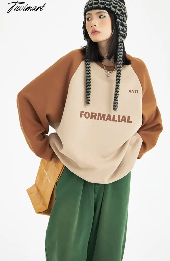 American Baggy Sweatshirt Women Spring Autumn Fashion Letter Printing Design Sense Splicing Vintage Long Sleeves Pullover TOP