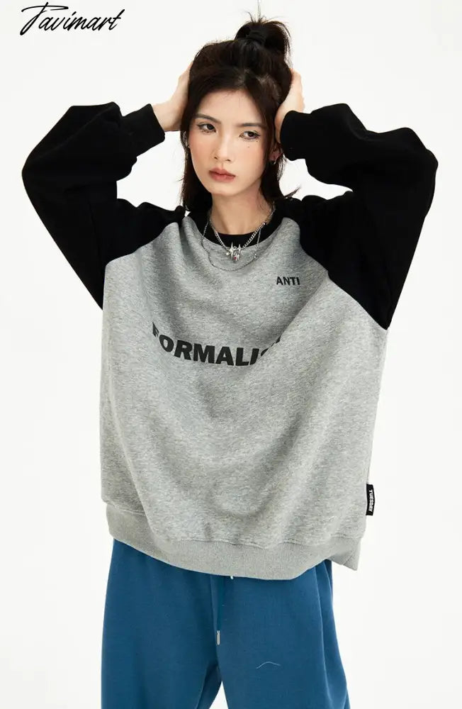 American Baggy Sweatshirt Women Spring Autumn Fashion Letter Printing Design Sense Splicing Vintage Long Sleeves Pullover TOP