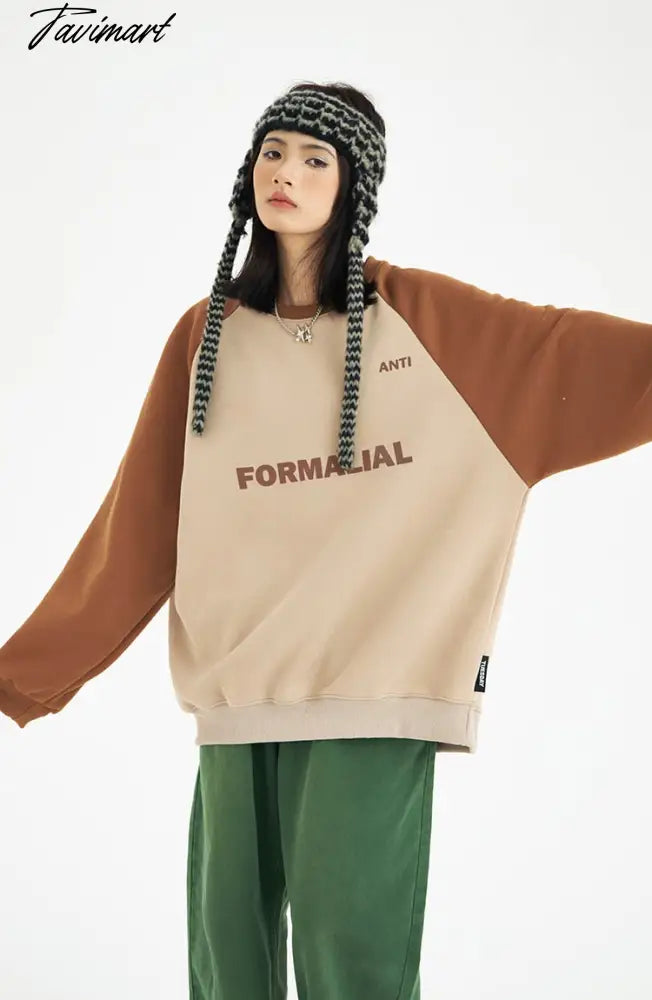 American Baggy Sweatshirt Women Spring Autumn Fashion Letter Printing Design Sense Splicing Vintage Long Sleeves Pullover TOP