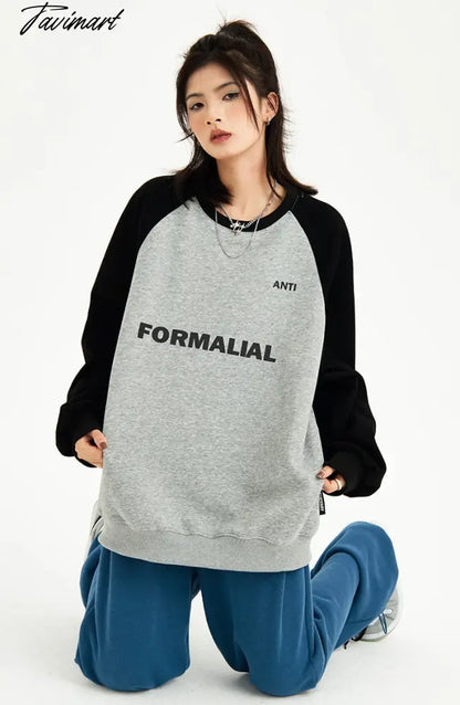 American Baggy Sweatshirt Women Spring Autumn Fashion Letter Printing Design Sense Splicing Vintage Long Sleeves Pullover TOP