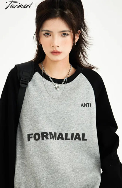 American Baggy Sweatshirt Women Spring Autumn Fashion Letter Printing Design Sense Splicing Vintage Long Sleeves Pullover TOP