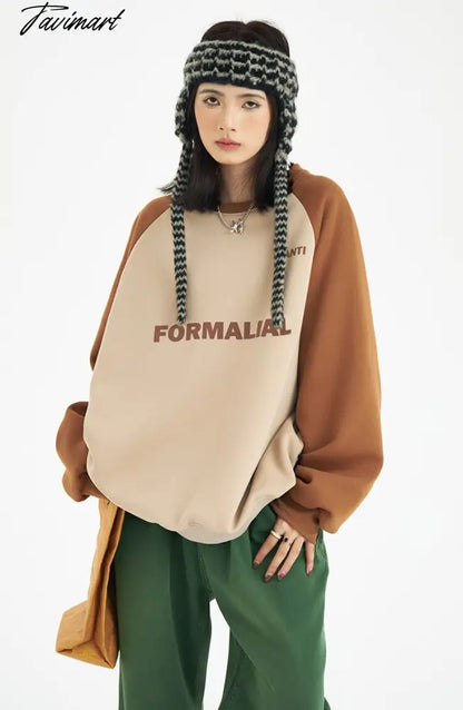 American Baggy Sweatshirt Women Spring Autumn Fashion Letter Printing Design Sense Splicing Vintage Long Sleeves Pullover TOP