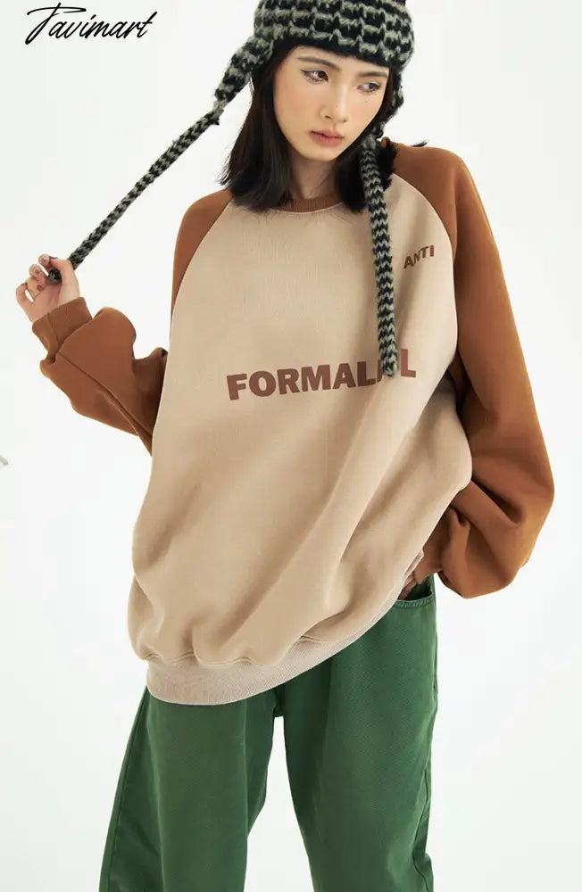 American Baggy Sweatshirt Women Spring Autumn Fashion Letter Printing Design Sense Splicing Vintage Long Sleeves Pullover TOP