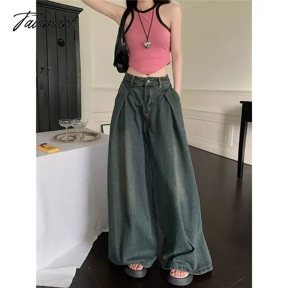 American Retro High Waist Wide Leg Jeans for Women Fashion High Street Loose Mopping Pants Harajuku Hot Girl Straight Trousers