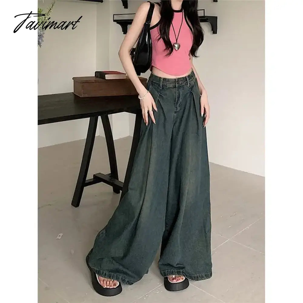American Retro High Waist Wide Leg Jeans for Women Fashion High Street Loose Mopping Pants Harajuku Hot Girl Straight Trousers