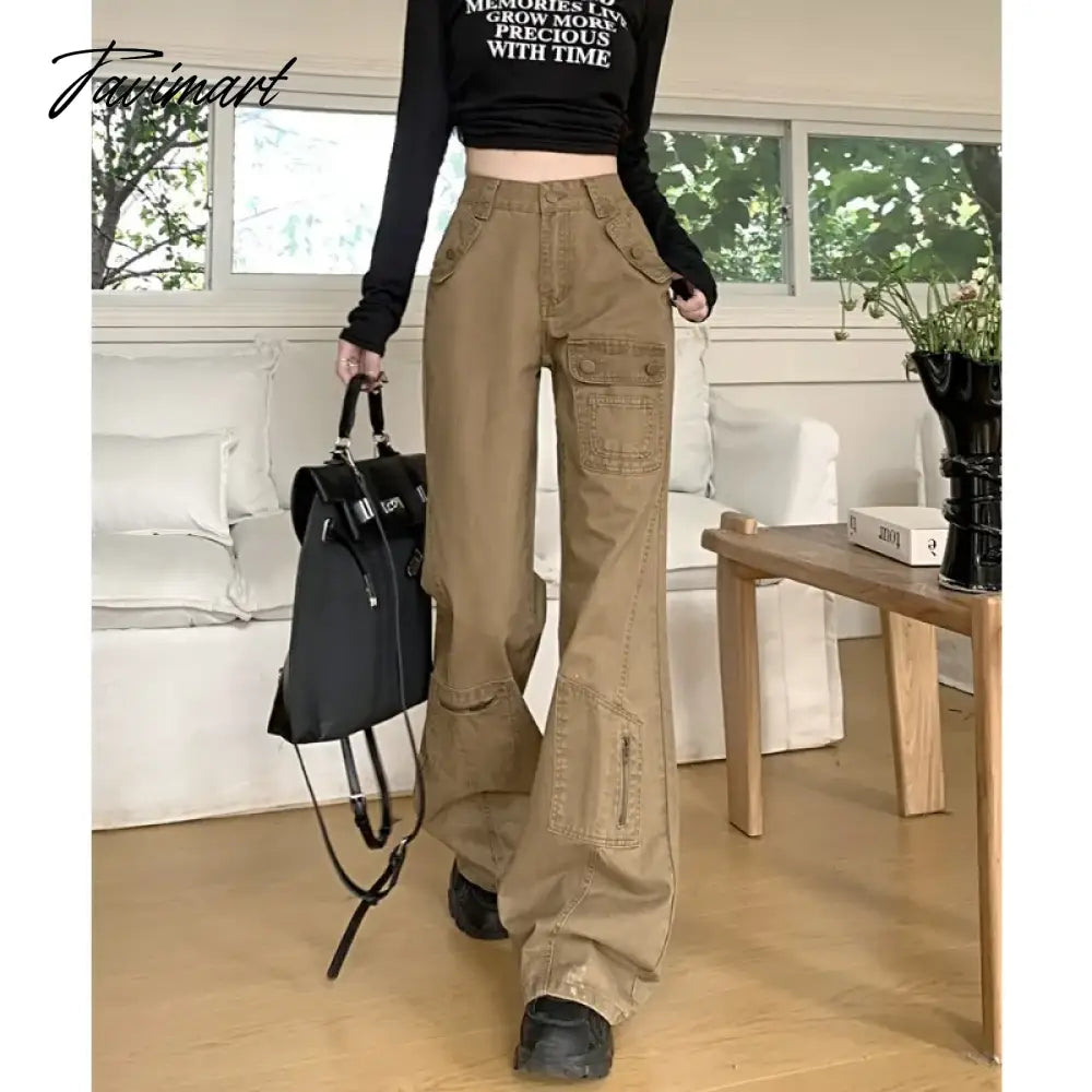 American Retro Multi-pocket Casual Denim Cargo Pants Women 2024 Spring New Low Waist All Match Distressed Wide Leg Jeans