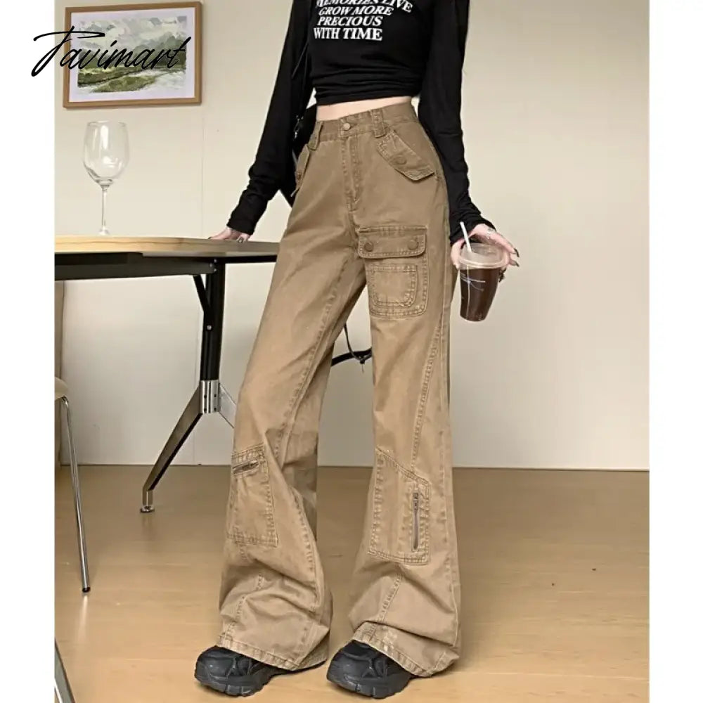 American Retro Multi-pocket Casual Denim Cargo Pants Women 2024 Spring New Low Waist All Match Distressed Wide Leg Jeans