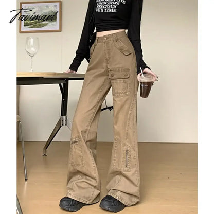 American Retro Multi-pocket Casual Denim Cargo Pants Women 2024 Spring New Low Waist All Match Distressed Wide Leg Jeans