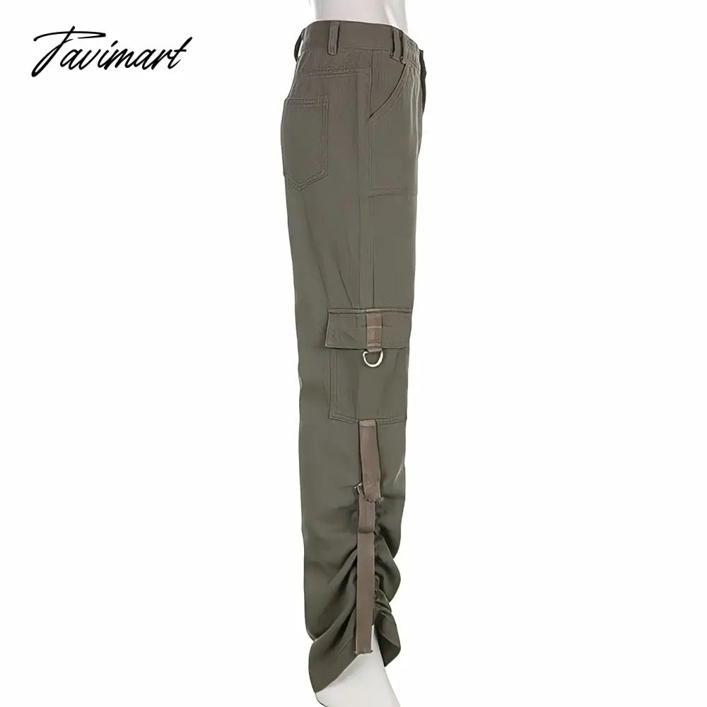 American Style Green Cargo Pants Women Vintage 90s Fashion Pocket Low Rise Jeans Y2k Streetwear Drawstring Baggy Mopping Trouser