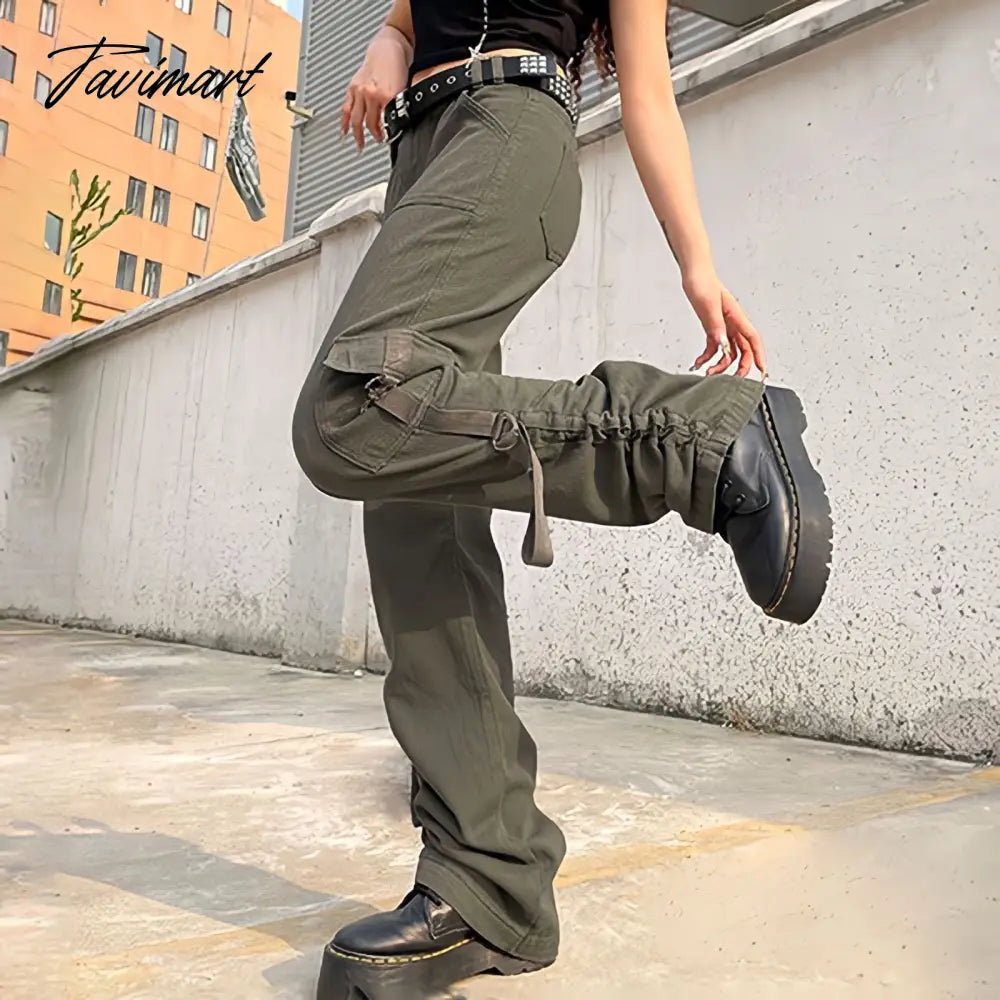 American Style Green Cargo Pants Women Vintage 90s Fashion Pocket Low Rise Jeans Y2k Streetwear Drawstring Baggy Mopping Trouser