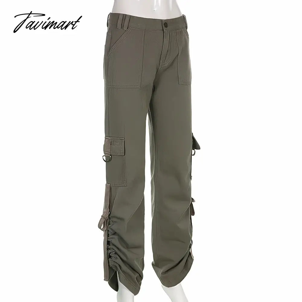 American Style Green Cargo Pants Women Vintage 90s Fashion Pocket Low Rise Jeans Y2k Streetwear Drawstring Baggy Mopping Trouser