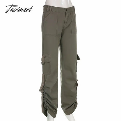 American Style Green Cargo Pants Women Vintage 90s Fashion Pocket Low Rise Jeans Y2k Streetwear Drawstring Baggy Mopping Trouser