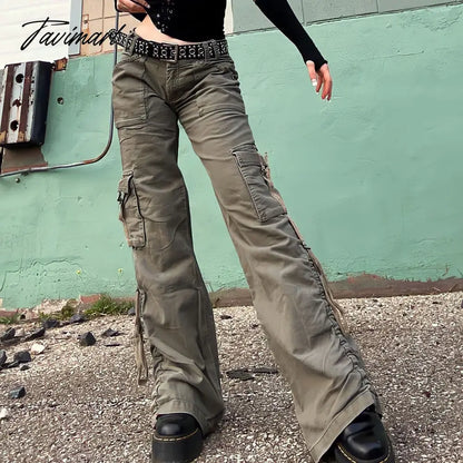American Style Green Cargo Pants Women Vintage 90s Fashion Pocket Low Rise Jeans Y2k Streetwear Drawstring Baggy Mopping Trouser