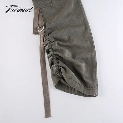 American Style Green Cargo Pants Women Vintage 90s Fashion Pocket Low Rise Jeans Y2k Streetwear Drawstring Baggy Mopping Trouser