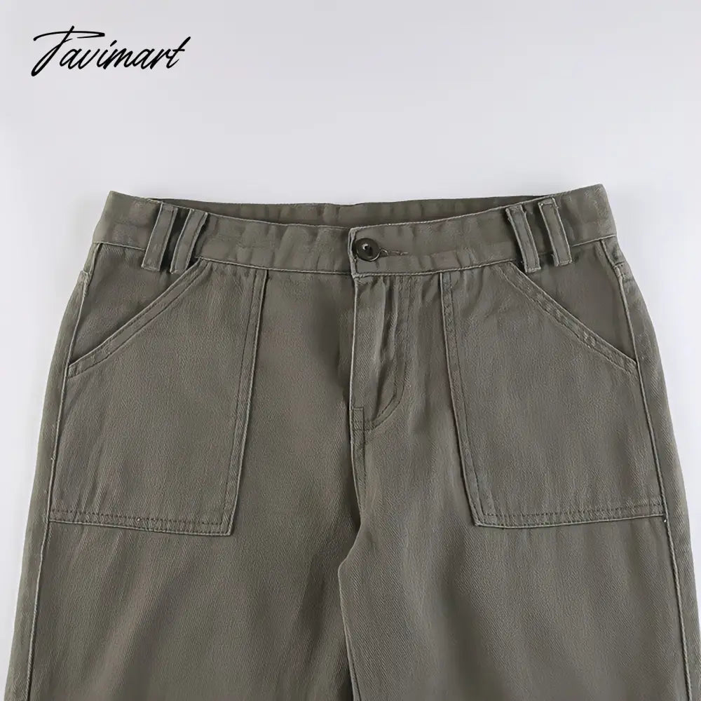 American Style Green Cargo Pants Women Vintage 90s Fashion Pocket Low Rise Jeans Y2k Streetwear Drawstring Baggy Mopping Trouser