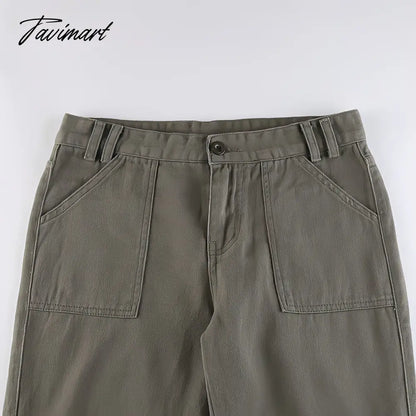 American Style Green Cargo Pants Women Vintage 90s Fashion Pocket Low Rise Jeans Y2k Streetwear Drawstring Baggy Mopping Trouser