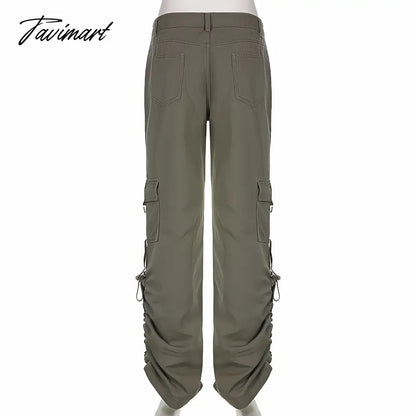 American Style Green Cargo Pants Women Vintage 90s Fashion Pocket Low Rise Jeans Y2k Streetwear Drawstring Baggy Mopping Trouser