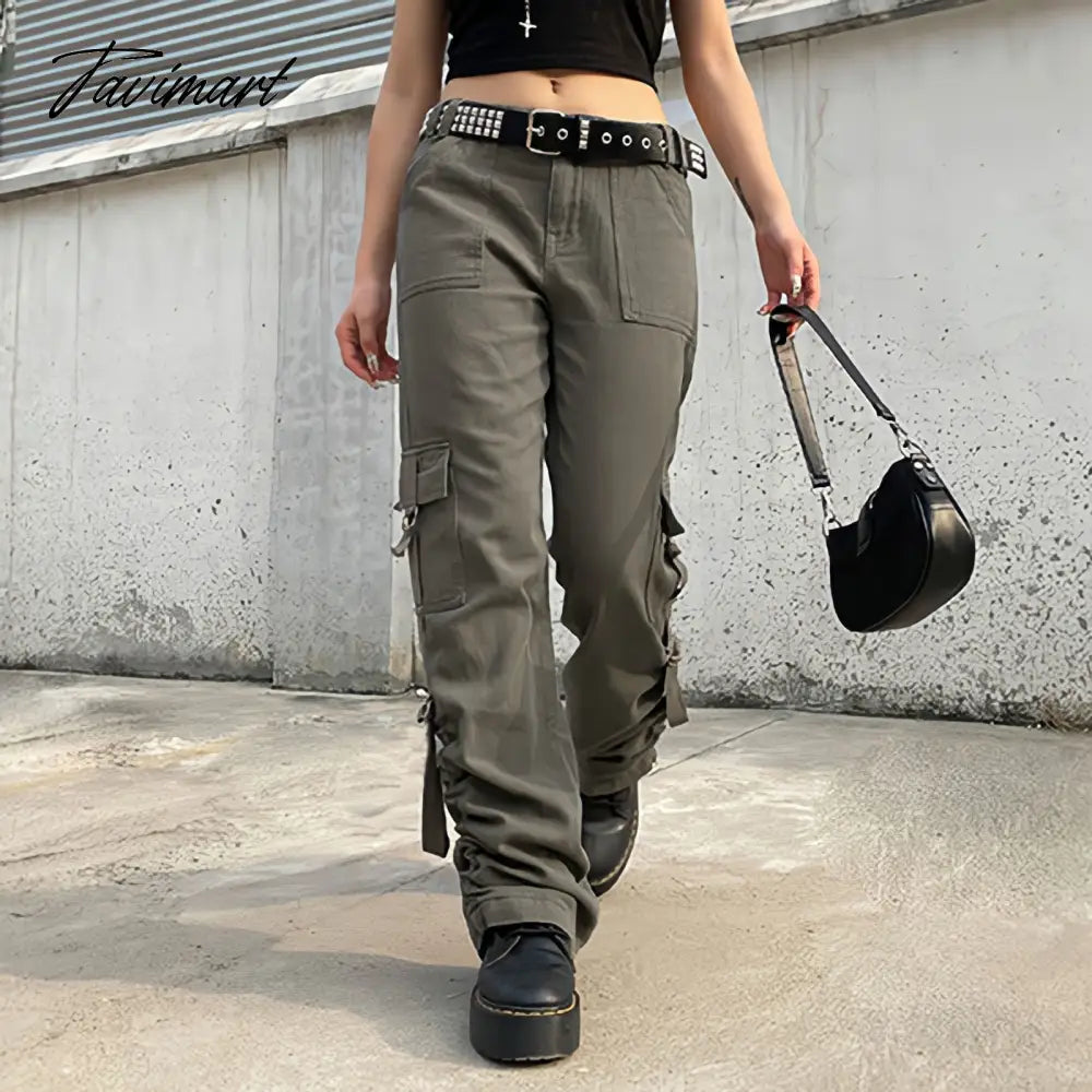 American Style Green Cargo Pants Women Vintage 90s Fashion Pocket Low Rise Jeans Y2k Streetwear Drawstring Baggy Mopping Trouser