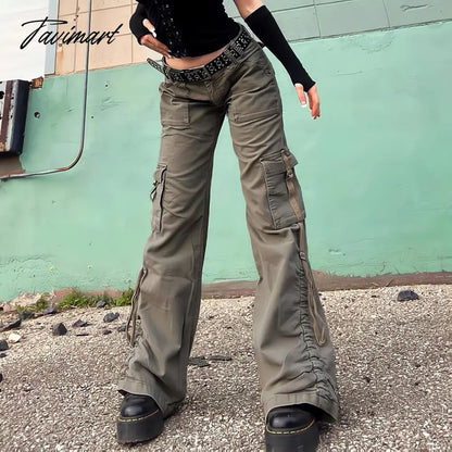 American Style Green Cargo Pants Women Vintage 90s Fashion Pocket Low Rise Jeans Y2k Streetwear Drawstring Baggy Mopping Trouser