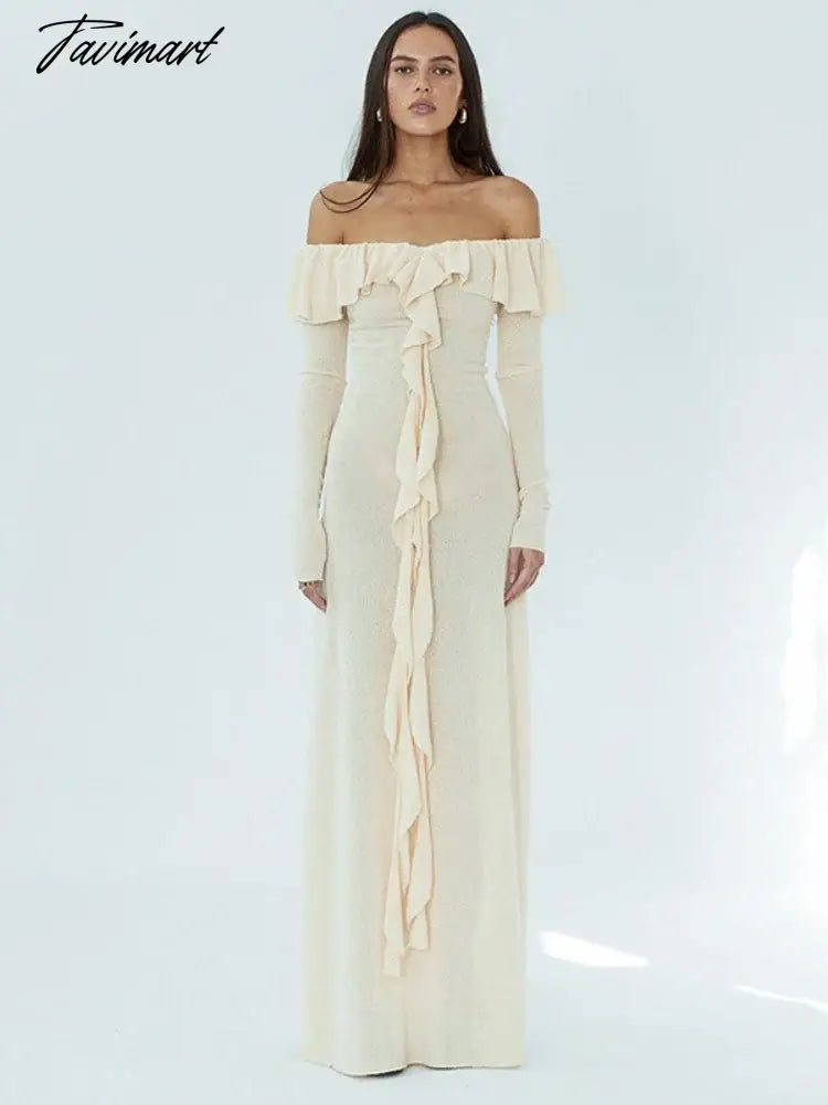 Apricot Slim Long Dress For Women Clothing High Waist Vestidos Elegantes Para Mujer Flounced Edge Slash Neck Autumn Robe Longue
